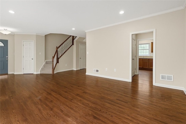 391 Marshall Heights Dr, Marshall, PA 15090 - unfurnished living room featuring stairs, ornamental molding, dark wood-style floors, baseboards, and recessed lighting
