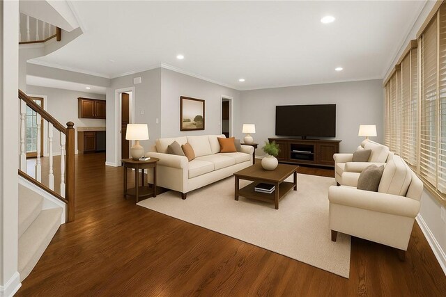 391 Marshall Heights Dr, Marshall, PA 15090 - living area with dark wood-style flooring, recessed lighting, stairs, healthy amount of natural light, and ornamental molding