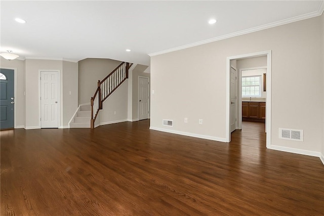 391 Marshall Heights Dr, Marshall, PA 15090 - unfurnished living room with crown molding, stairway, dark wood-style flooring, and recessed lighting