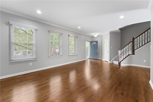 391 Marshall Heights Dr, Marshall, PA 15090 - unfurnished living room with crown molding, wood finished floors, stairs, and recessed lighting