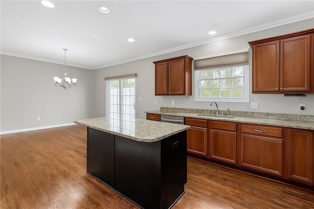 391 Marshall Heights Dr, Marshall, PA 15090 - kitchen featuring a center island, dark wood finished floors, a chandelier, dishwasher, and crown molding