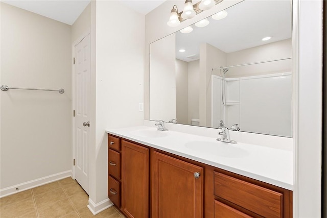 391 Marshall Heights Dr, Marshall, PA 15090 - bathroom with double vanity, a shower, and tile patterned flooring