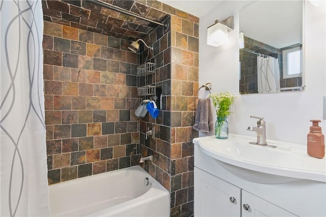 bathroom featuring shower / tub combo with curtain and vanity