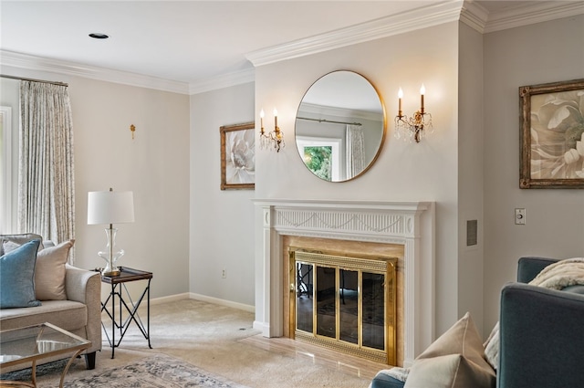 1 Way Hollow Rd, Edgeworth, PA 15143 - living room featuring ornamental molding, a high end fireplace, light colored carpet, and baseboards