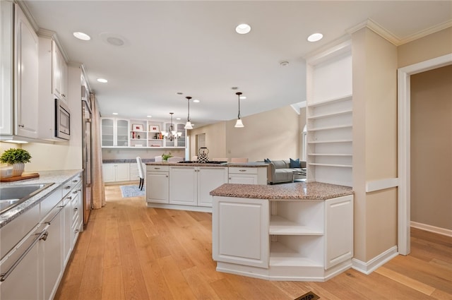 1 Way Hollow Rd, Edgeworth, PA 15143 - kitchen featuring open shelves, white cabinets, light wood-style floors, stainless steel microwave, and recessed lighting
