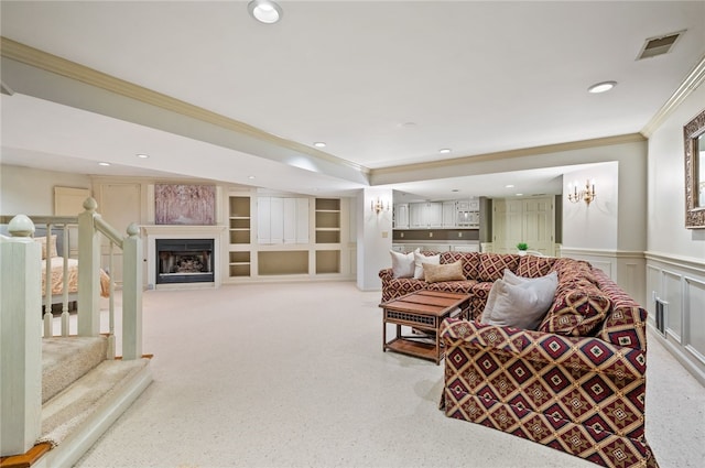 1 Way Hollow Rd, Edgeworth, PA 15143 - carpeted living area with ornamental molding, recessed lighting, a fireplace, a wainscoted wall, and a decorative wall