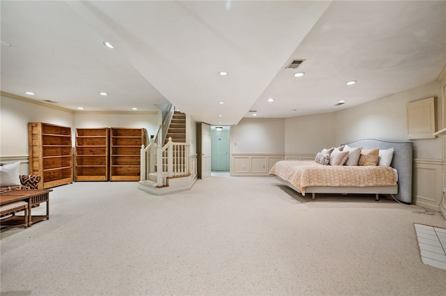 1 Way Hollow Rd, Edgeworth, PA 15143 - bedroom featuring carpet floors, a wainscoted wall, a decorative wall, and recessed lighting