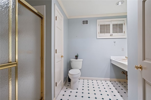 1 Way Hollow Rd, Edgeworth, PA 15143 - bathroom featuring toilet, a shower with shower door, a sink, tile patterned floors, and ornamental molding