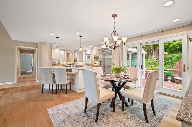 1 Way Hollow Rd, Edgeworth, PA 15143 - dining space with a chandelier, light wood-type flooring, recessed lighting, and baseboards