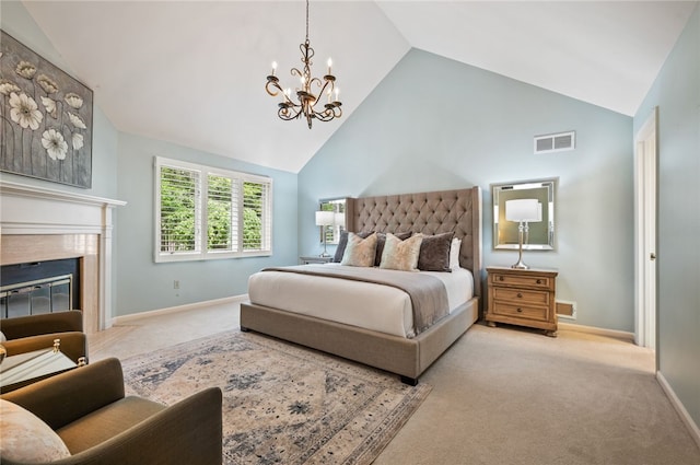 1 Way Hollow Rd, Edgeworth, PA 15143 - carpeted bedroom with a chandelier, high vaulted ceiling, baseboards, and a premium fireplace