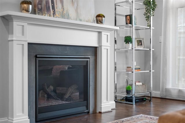 detailed view of wood finished floors and a glass covered fireplace