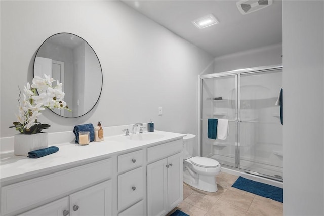 full bath featuring vanity, toilet, a shower stall, and tile patterned floors