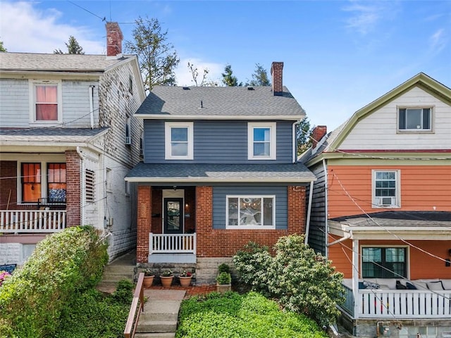 432 Iberia St, Mt Washington, PA 15211 - view of front of house featuring covered porch, a chimney, and brick siding