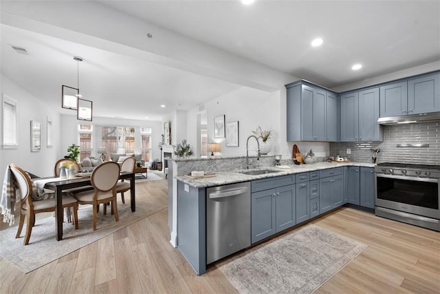 kitchen with stainless steel appliances, a sink, under cabinet range hood, a peninsula, and light wood-style flooring