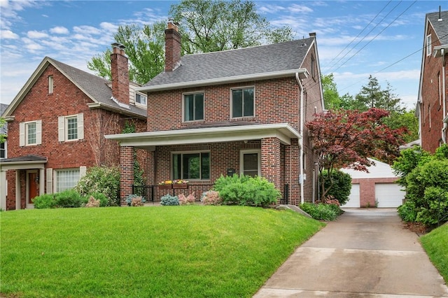 6640 Wilkins Ave, Squirrel Hill, PA 15217 - view of front facade with brick siding, a front lawn, an outdoor structure, a chimney, and covered porch