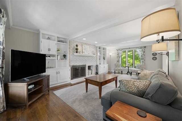 1805 Taper Dr, Upper St Clair, PA 15241 - living room with dark wood-type flooring, a fireplace, ornamental molding, and beam ceiling
