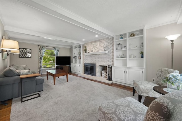 1805 Taper Dr, Upper St Clair, PA 15241 - living room with wood finished floors, ornamental molding, a brick fireplace, beam ceiling, and recessed lighting
