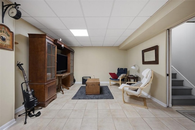 1805 Taper Dr, Upper St Clair, PA 15241 - sitting room featuring a drop ceiling, light tile patterned flooring, stairway, and baseboards