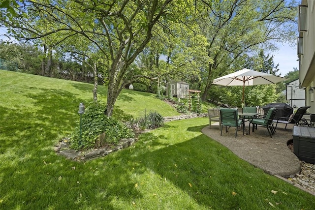 1805 Taper Dr, Upper St Clair, PA 15241 - view of grassy yard with a storage unit, an outbuilding, and a patio area