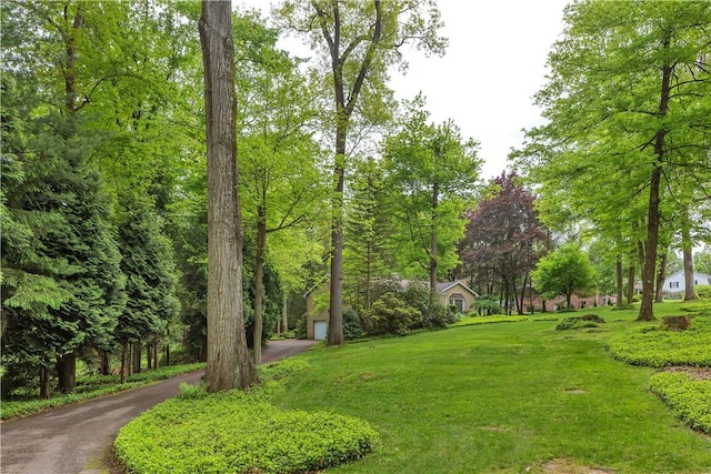 view of community featuring asphalt driveway, a garage, and a lawn