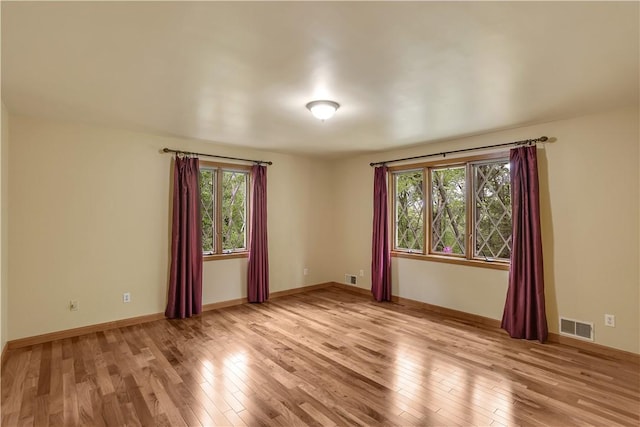 spare room featuring plenty of natural light, light wood finished floors, and baseboards
