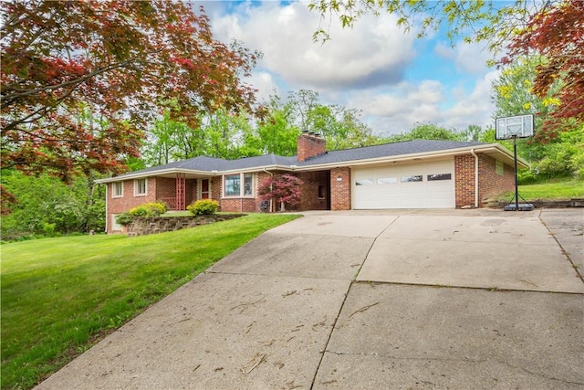 ranch-style home with a garage, brick siding, a front yard, driveway, and a chimney