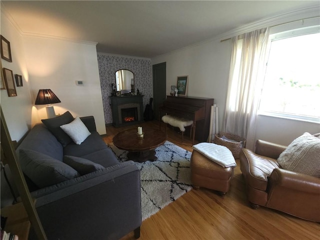 living room with wood finished floors, crown molding, and a lit fireplace