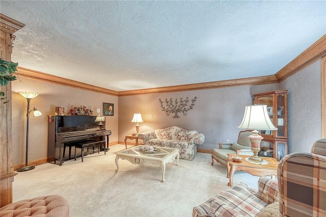 carpeted living area featuring crown molding, a textured ceiling, and baseboards