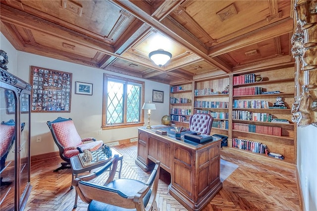 office space with baseboards and wood ceiling