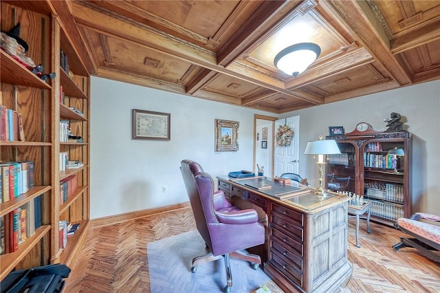 office with baseboards, wood ceiling, and coffered ceiling