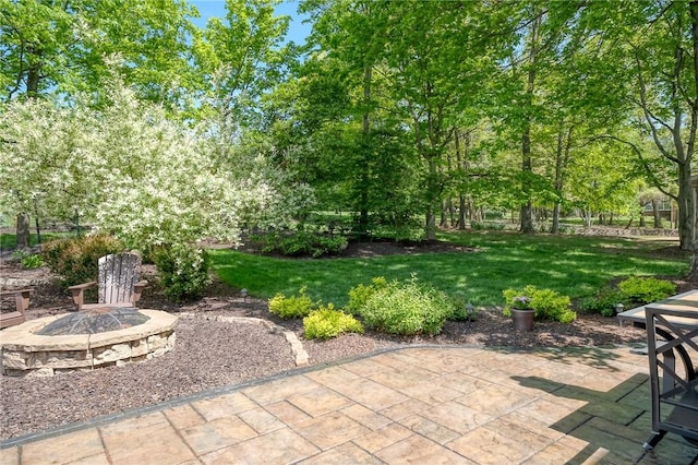view of grassy yard with a patio and a fire pit