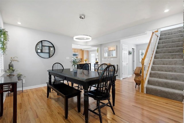 701 Thorn St, Sewickley, PA 15143 - dining room with stairs, light wood finished floors, baseboards, and recessed lighting
