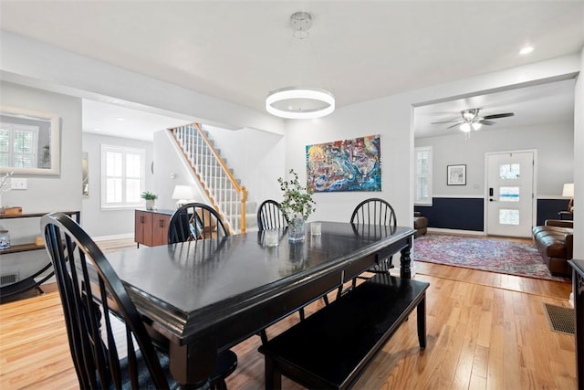 701 Thorn St, Sewickley, PA 15143 - dining room with stairs, baseboards, light wood-style flooring, ceiling fan, and recessed lighting