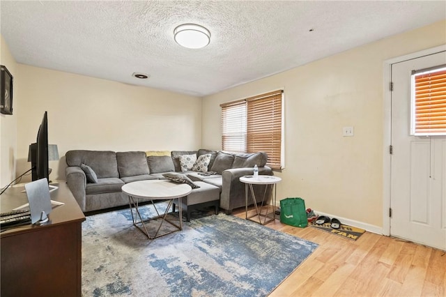 living room with wood finished floors, a textured ceiling, and baseboards