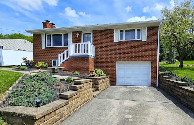 ranch-style home with a garage, brick siding, concrete driveway, and a chimney