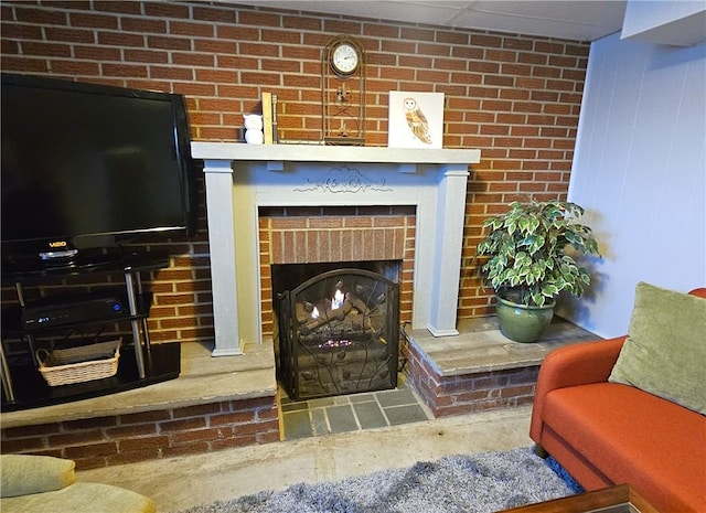 detailed view of a fireplace and brick wall