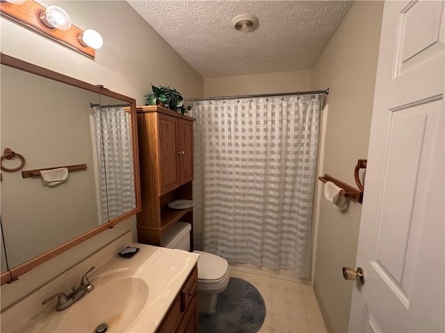 109 Canterbury Commons Unit 109, White Twp Ind, PA 15701 - bathroom with tile patterned floors, a textured ceiling, toilet, vanity, and curtained shower