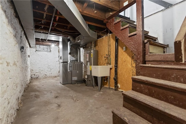 unfinished basement featuring water heater, heating unit, stairs, and a sink