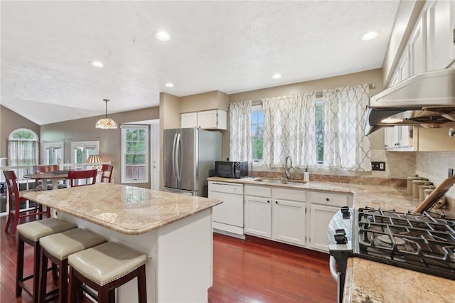kitchen featuring stainless steel appliances, a sink, plenty of natural light, dark wood-style flooring, and recessed lighting