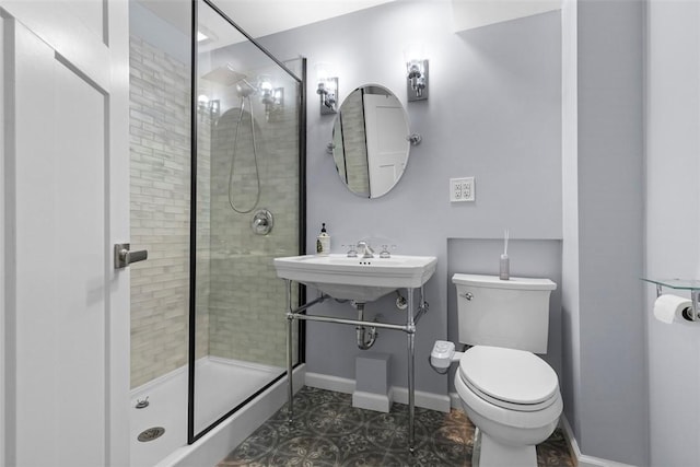 4012 Crown Dr, South Park, PA 15129 - bathroom featuring a shower stall, toilet, baseboards, and a sink