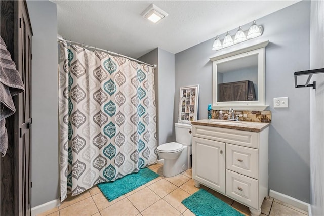 2939 Main St, Beallsville, PA 15313 - bathroom with tile patterned floors, toilet, vanity, a textured ceiling, and curtained shower
