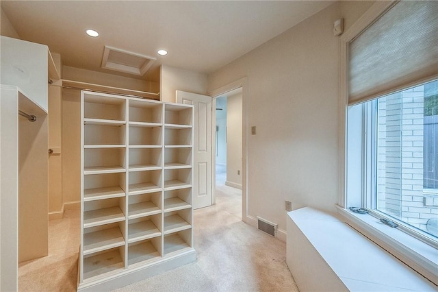 walk in closet featuring attic access and carpet flooring