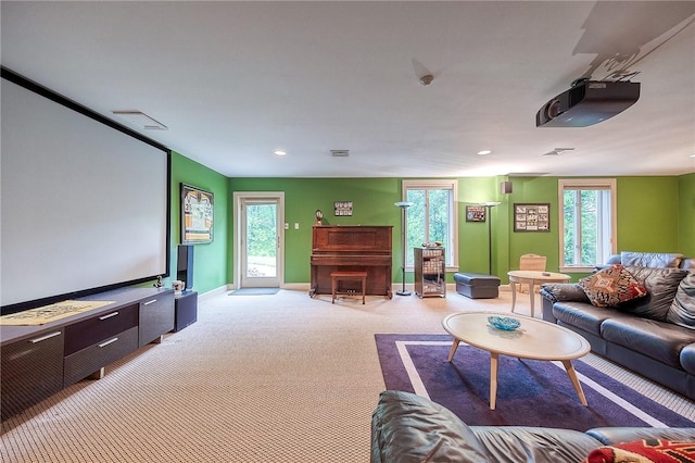 cinema featuring baseboards, light colored carpet, and recessed lighting