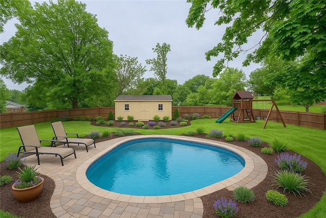 1814 Roosevelt Rd, Ohio Twp, PA 15143 - view of swimming pool with a storage shed, an outdoor structure, a playground, and a patio