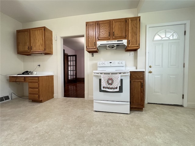 kitchen featuring white electric stove, under cabinet range hood, and brown cabinetry