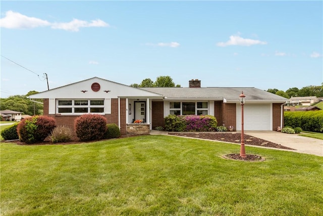 ranch-style home with brick siding, concrete driveway, an attached garage, and a front lawn