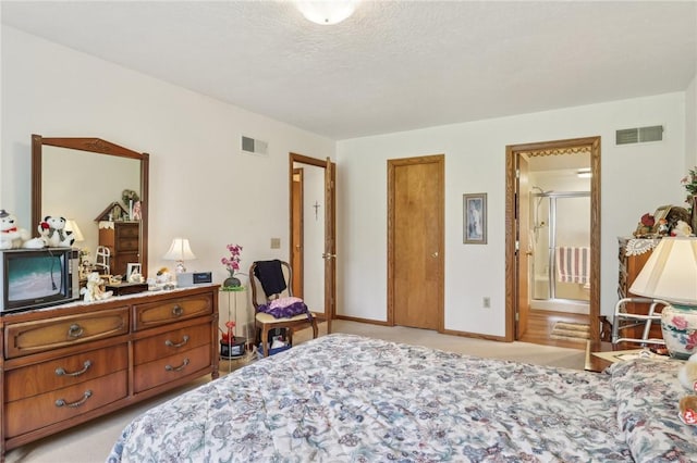 bedroom featuring light carpet