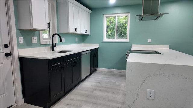 7709 Mark Dr, Penn Hills, PA 15147 - kitchen with dishwasher, a sink, white cabinets, a peninsula, and dark cabinets