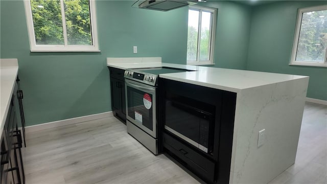 7709 Mark Dr, Penn Hills, PA 15147 - kitchen with electric range, exhaust hood, a peninsula, baseboards, and light wood-style floors