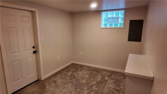 7709 Mark Dr, Penn Hills, PA 15147 - empty room with electric panel, dark colored carpet, and baseboards